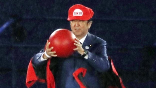 Japanese Prime Minister Shinzo Abe dressed as Nintendo character Super Mario