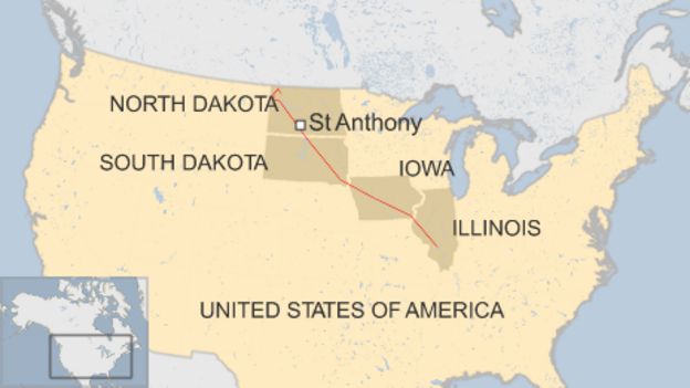 Map showing pipeline running through North Dakota, South Dakota, Iowa and Illinois, also showing the town of St Anthony, where protest took place