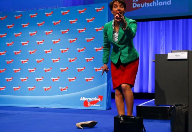 Frauke Petry, chairwoman of the anti-immigration party Alternative for Germany (AfD), reacts after losing her shoe during the AfD party congress in Stuttgart, Germany, April 30, 2016