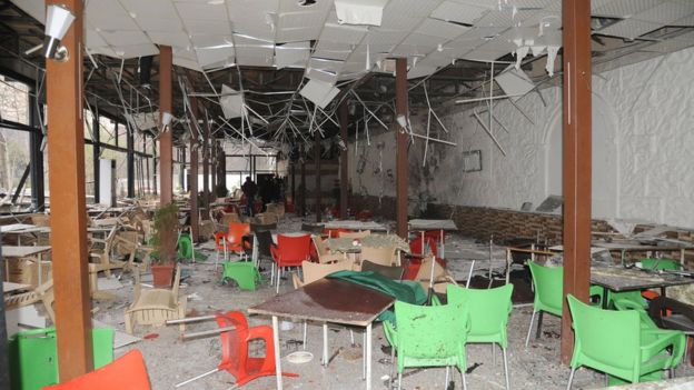 Aftermath of suicide bomb attack at a restaurant in Rabweh, Damascus (15 March 2017)