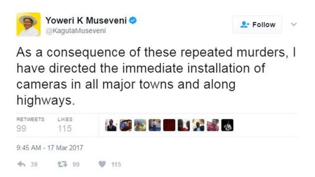 Tweet: As a consequence of these repeated murders, I have directed the immediate installation of cameras in all major towns and along highways.