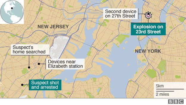 Map showing locations of arrest, and home, in New Jersey, and explosions in Manhattan