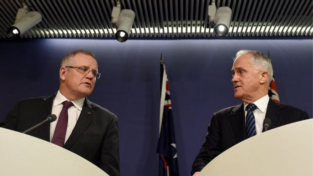 Treasurer Scott Morrison and Prime Ministe Malcolm Turnbull during a news conference
