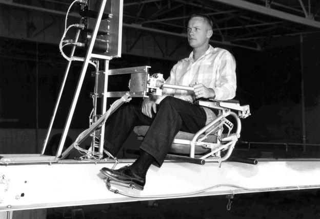 Neil Armstrong operating the Iron Cross Attitude Simulator which simulated X-15 flight at high altitudes