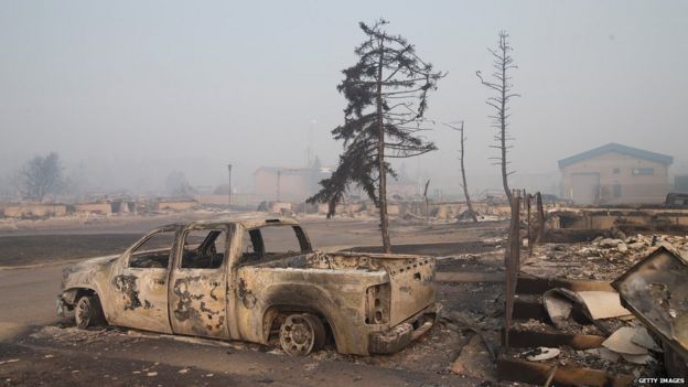 A burned out car on a residential street