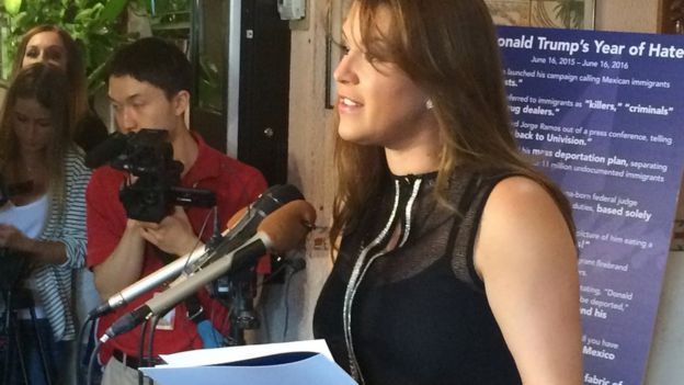 Former Miss Universe Alicia Machado speaks during a news conference at a Latino restaurant in Arlington, Virginia, on 15 June, 2016