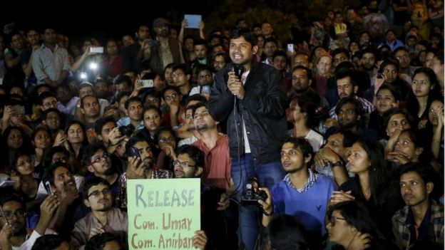 Jawaharlal Nehru University (JNU) student Kanhaiya Kumar addresses students inside the university campus after being released on bail from a Delhi prison in New Delhi, India, March 3, 2016