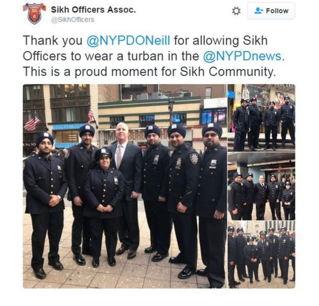 The Sikh Officers Association thanked the New York Police Department for allowing Sikh officers to wear a turban in a tweet