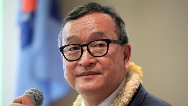 Cambodian opposition leader Sam Rainsy delivers a speech to members of the Cambodia National Rescue Party (CNRP) at a hotel in metro Manila, Philippines 29 June 2016