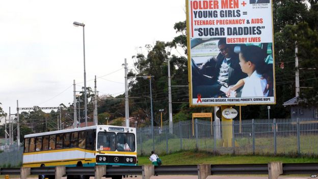 This picture taken on July 23, 2012 in Durban shows giant billboard highlighting the dangers for young women to have sex with older men. In South Africa, an increase in teenage pregnancies in eastern KwaZulu-Natal was blamed on older men seeking out younger women.