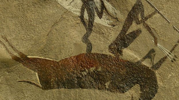 Picture shows a rock paintings made by the San people in the Drakensbreg mountains eastern South Africa