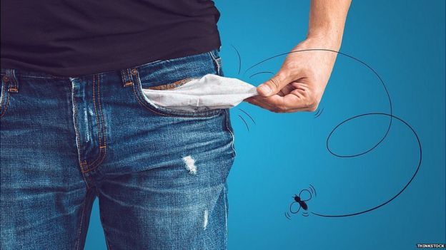 Hombre mostrando sus bolsillos vacíos