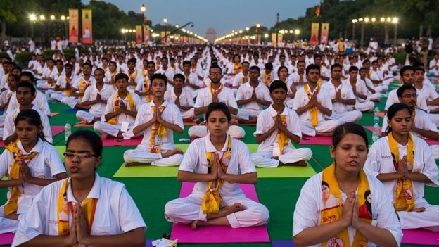 Indian yoga practitioners participate in a rehearsal for International Yoga Day on Rajpath in New Delhi on June 19, 2016.