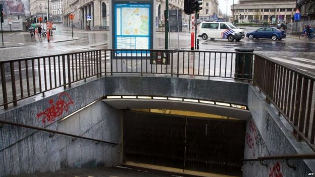 Closed entrance to the central metro station in Brussels 21/11/2015