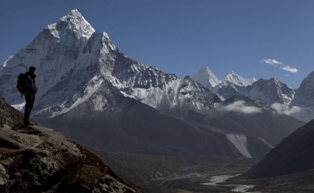 Trekker above Pheriche valley, Nepal