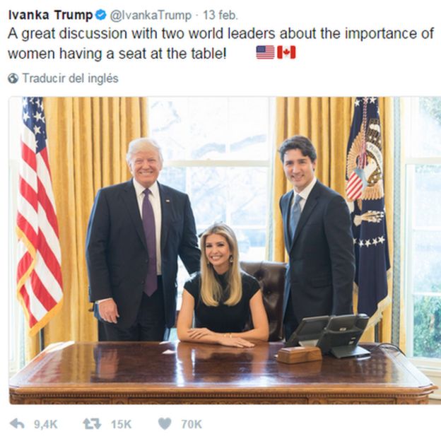 Donald Trump, Ivanka Trump y Justin Trudeau.