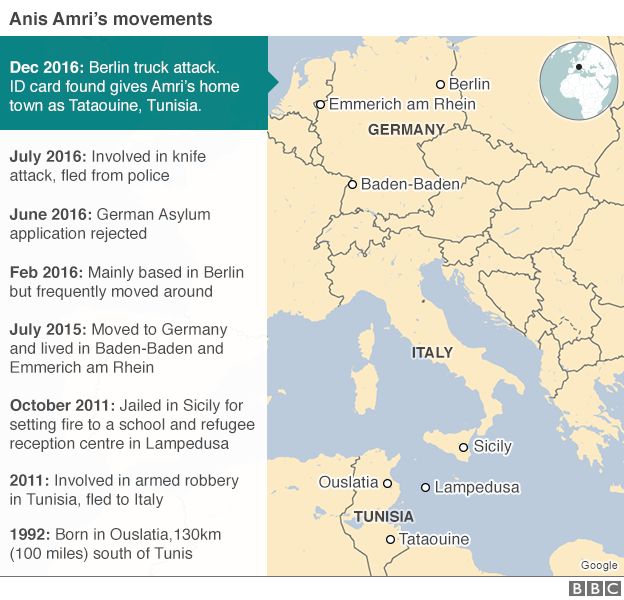 Map showing Anis Amri's movements