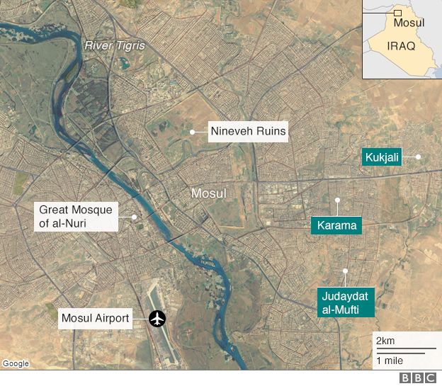 Map showing key locations in Mosul