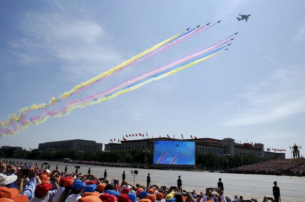 Military aircraft perform during the military parade marking the 70th anniversary of the end of World War Two, in Beijing, China, 3 September 2015