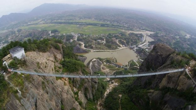 A suspension bridge at the Shiniuzhai National Geological Park