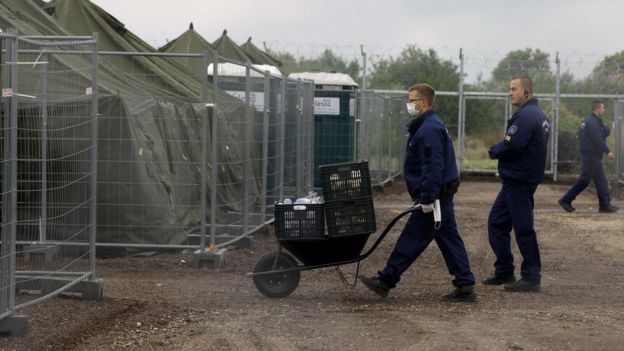 Hungarian police bring food for migrants in a refugee camp near Roszke on 11 September 2015