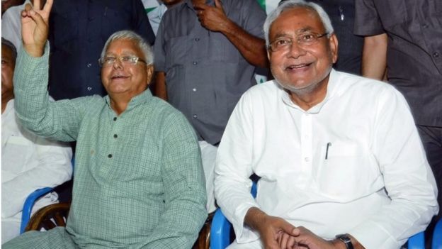 Chief Minister of Bihar and Rashtriya Janata Dal (RJD), Nitish Kumar (R), and Chief, Lalu Prasad Yadav (R), celebrate election victory in the Bihar assembly elections in Patna, India, 08 November 2015.