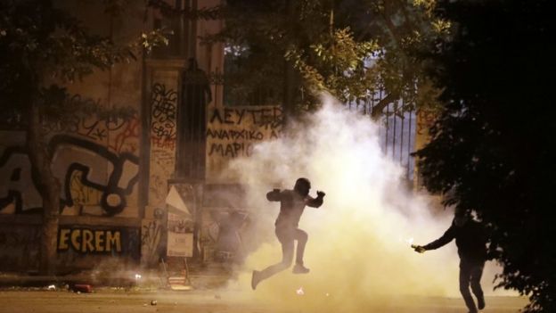 Protests against Mr Obama's visit turned violent on Monday evening in Athens