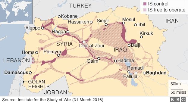 Map of Syria and Iraq showing areas of IS control