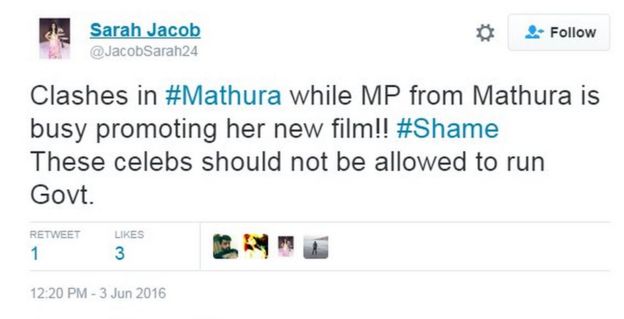 Clashes in #Mathura while MP from Mathura is busy promoting her new film!! #Shame