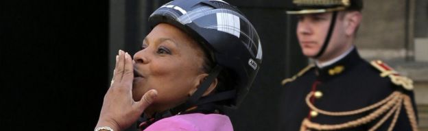 file pic Christiane Taubira blows a kiss as she leaves a 2014 meeting at the Elysee Palace