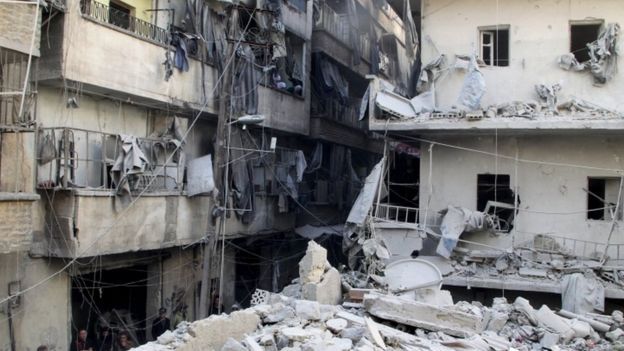 Damaged buildings in rebel-held area of Aleppo - 11 March
