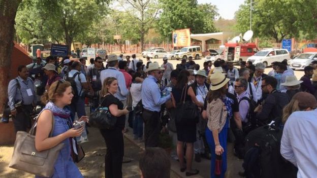 The press pack awaiting the arrival of Duke and Duchess of Cambridge at the Taj Mahal