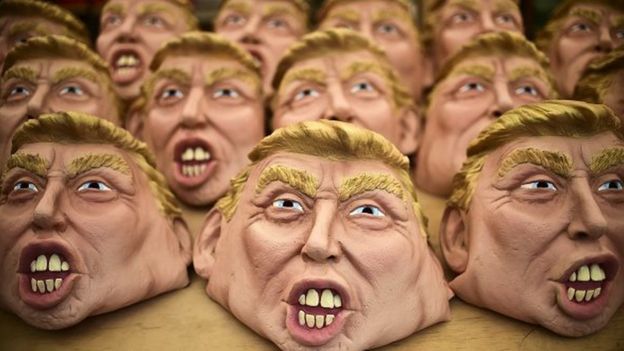 Masks representing US Republican presidential candidate Donald Trump are pictured in a factory of costumes and masks on 16 October, 2015, in Jiutepec, Morelos State.