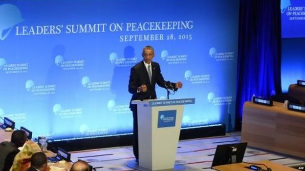 US President Barack Obama speaks during the Leaders summit on Peace keeping, as part of the 70th UN assembly (28 September 2015)