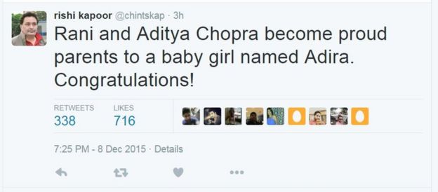 Rani and Aditya Chopra become proud parents to a baby girl named Adira. Congratulations!