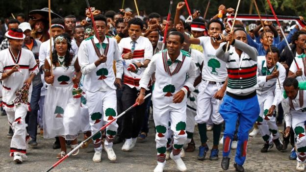 Demonstrators chant slogans during Irreecha, the thanksgiving festival of the Oromo people, in Bishoftu town, Oromia region, Ethiopia, October 2, 2016