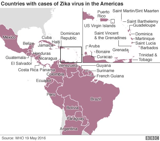 Map showing the countries that have had confirmed cases of the Zika virus