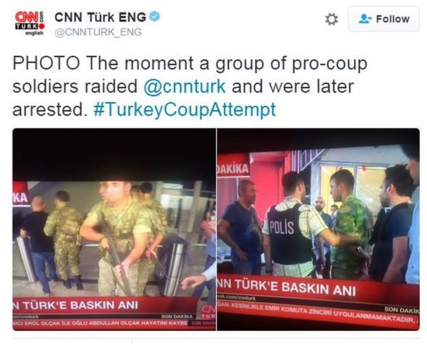 CNN Turk: PHOTO The moment a group of pro-coup soldiers raided @cnnturk and were later arrested. #TurkeyCoupAttempt