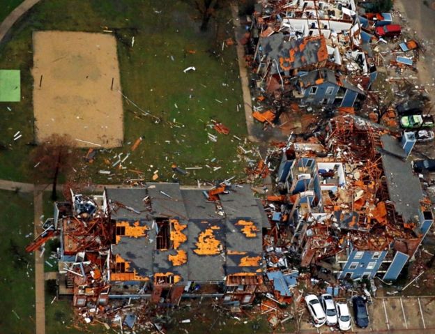 Aerial footage of tornado damage in the Garland area, 27 Dec