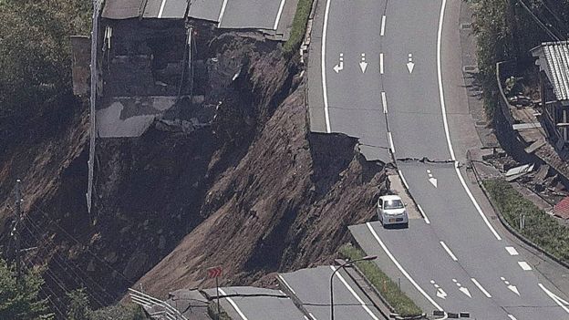 Collapsed road after an earthquake in Minami-Aso.