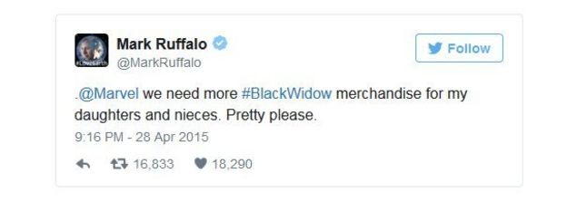 Mark Ruffalo writes: @Marvel we need more #BlackWidow merchandise for my daughters and nieces. Pretty please.