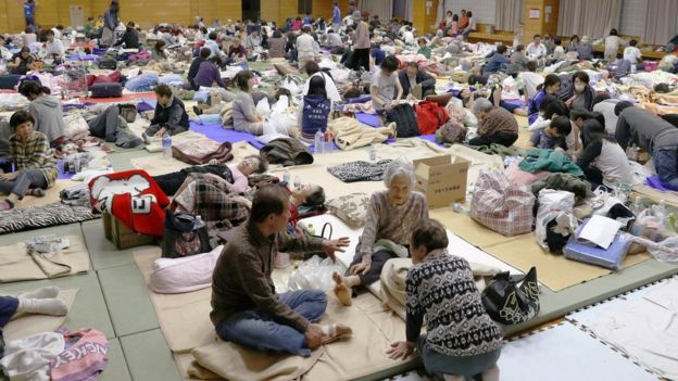 Temporary shelter in a gym in Mashiki, Kumamato, Japan on 16 April 2016
