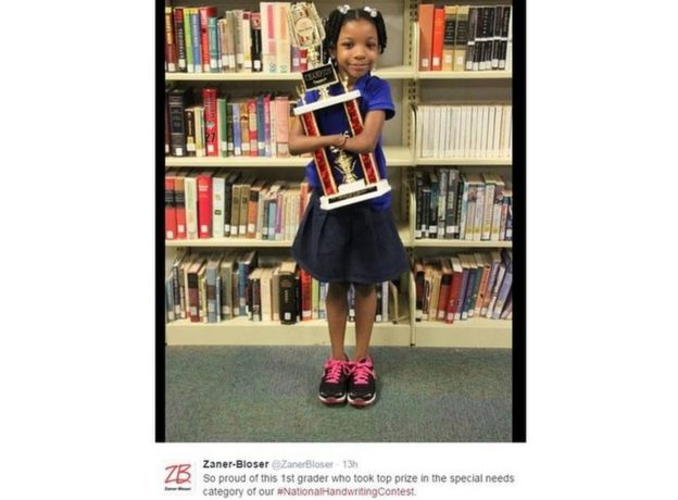 Tweet by Zaner Bloser, sponsors of the US National Handwriting Contest, shows a picture of student Anaya Ellick holding trophy