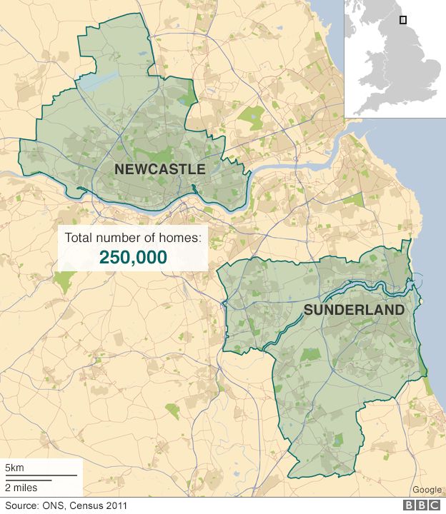 Map showing 250,000 homes in the local authorities of Newcastle and Sunderland