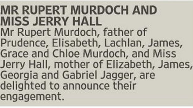 Rupert Murdoch and Jerry Hall engagement notice