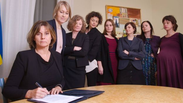 Sweden's climate minister Isabella Lovin in a photo posted on Facebook of her signing the country's new climate law, 3 February 2017