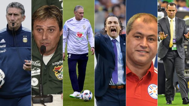 Edgardo Bauza, Angel Hoyos, Tite, Juan Antonio Pizzo, Francisco Arce y Rafael Dudamel.