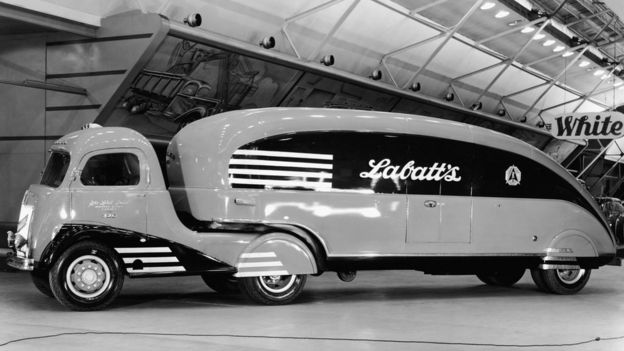 View of a streamlined Art Deco-style Labatt's beer delivery truck, 1930s.