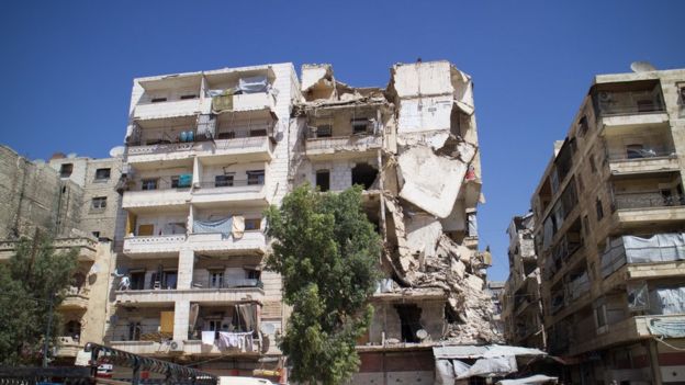 Damage from a few years ago in west Aleppo. Area is now considered a little safer. Families have moved into flats in badly damaged, unsafe buildings. Serious housing crisis. Winters here are cold.
