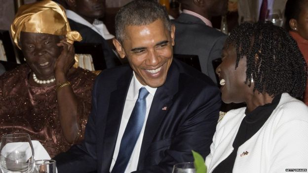 President Obama sits alongside his step-grandmother, Mama Sarah (left) and half-sister Auma Obama. 24 July 2015